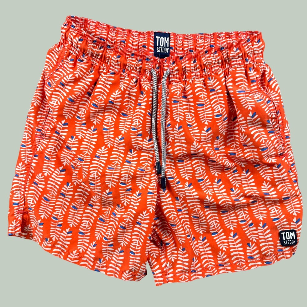 Tom & Teddy Swim Trunks Mens S Orange Leaf Print Mesh Lined Beach Resort Pool‎